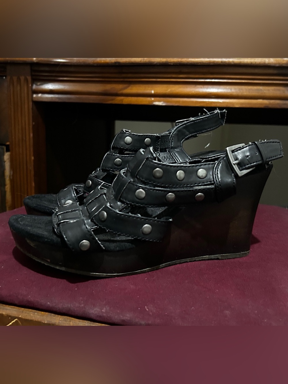 Black Studded Wedge Sandals - Women